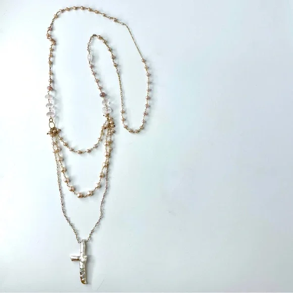 Blush Pink Gemstone 14k Gold Filled Multistrand Necklace, Baroque Pearl Cross - Picture 2 of 7